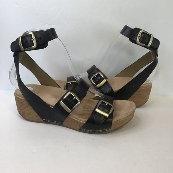 DANSKO Women\'s Black Leather Buckle Ankle Strap Wedge Sandals 37